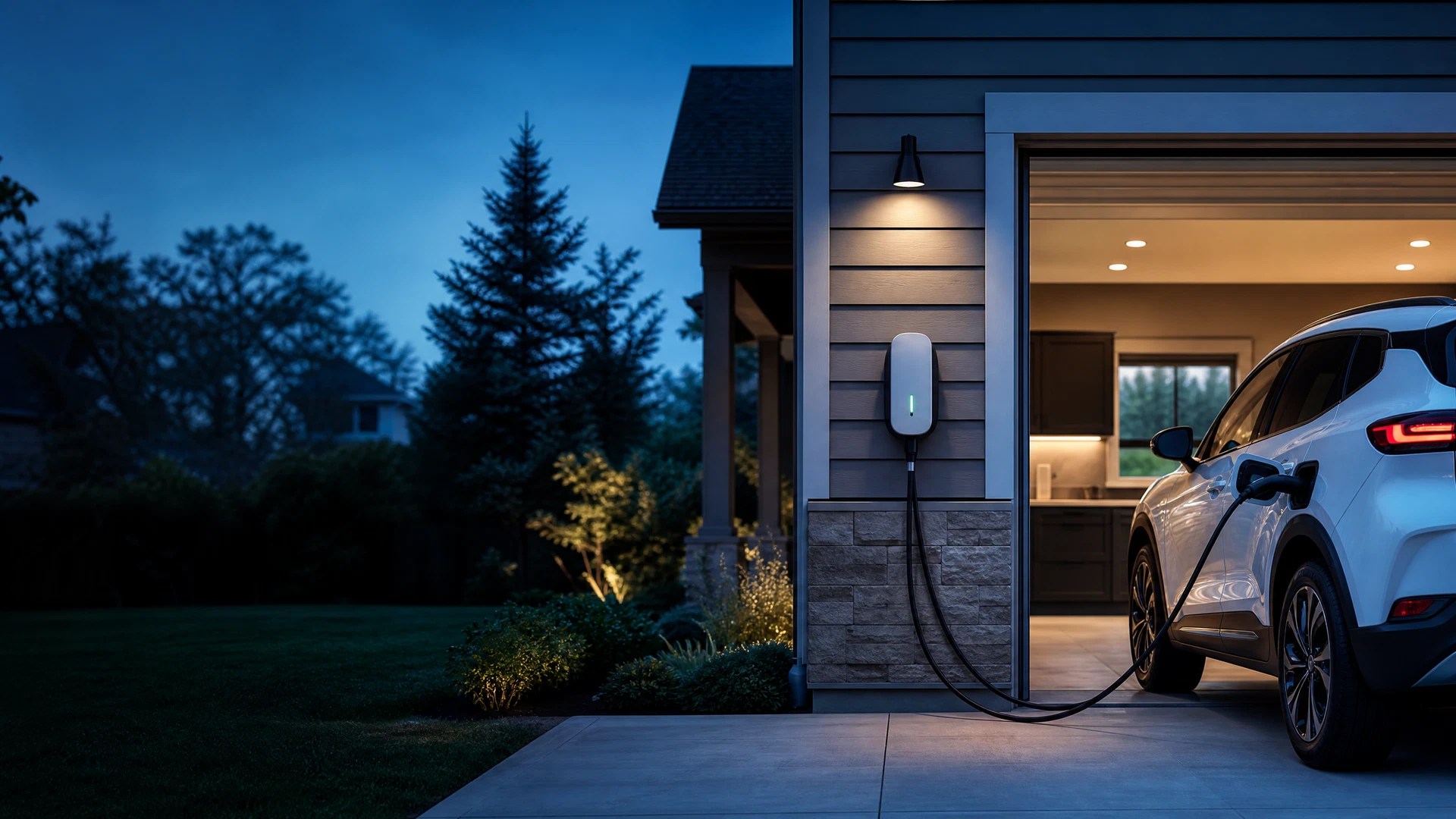 Electric vehicle charging in a well-lit suburban home garage