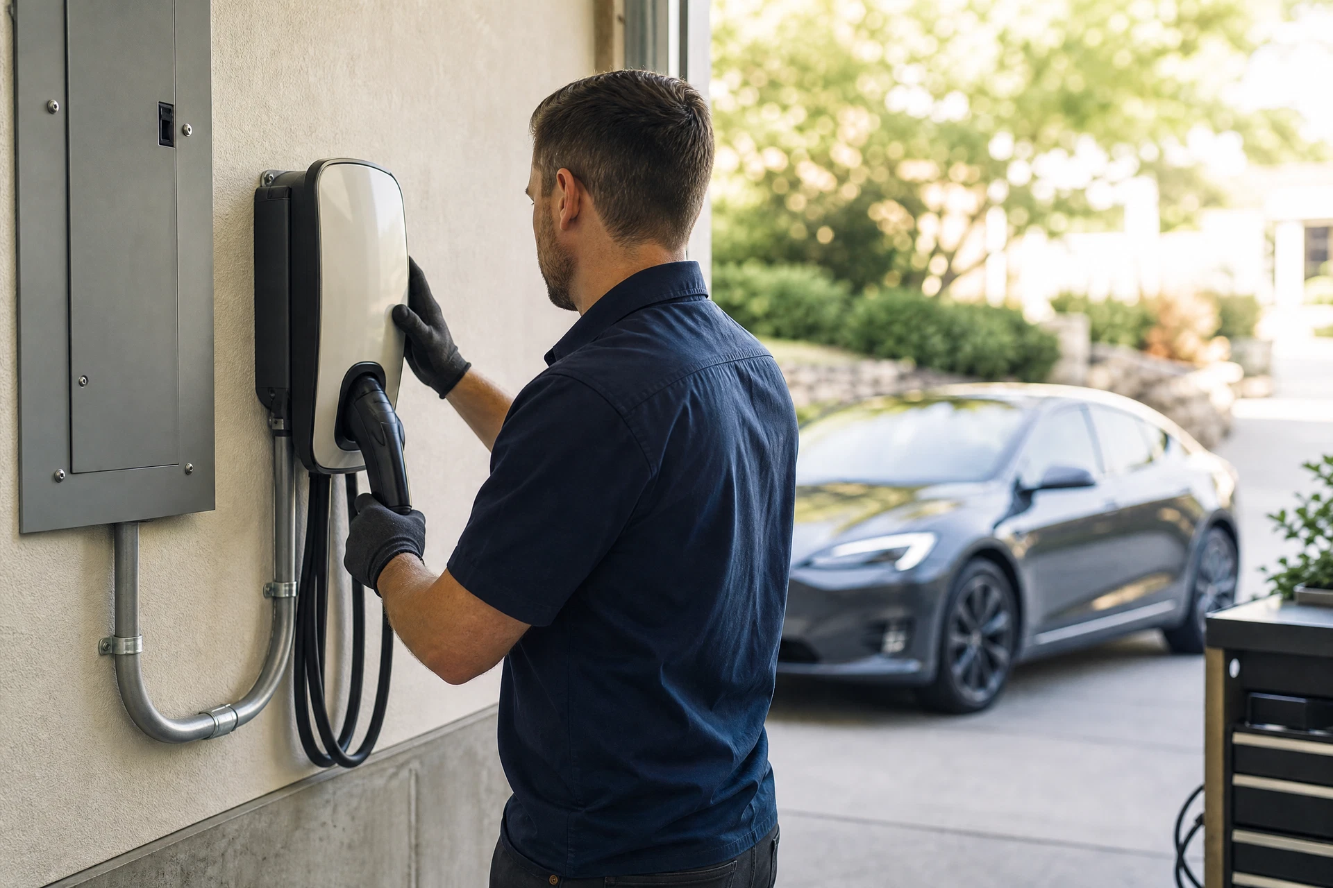 Careful Level 2 EV charger installation in a suburban garage